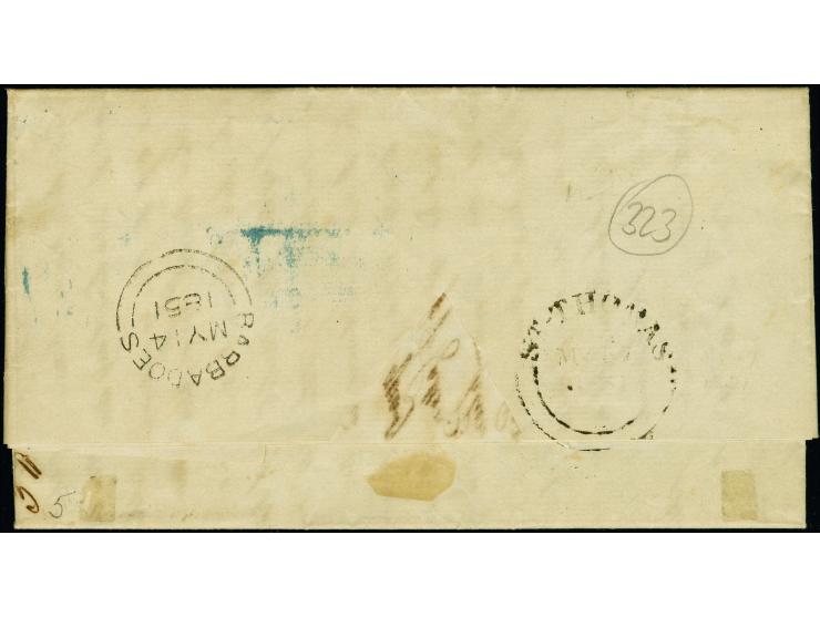 1851, folded letter to St. Johns, Puerto Rico, datelined 14 May, with matching Barbadoes double-arc despatch backstamp, struc