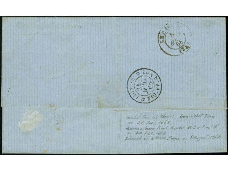 1868, folded letter to Havre, France, franked with 1863-70 80c rose horizontal pair (partially separated), cancelled with dot