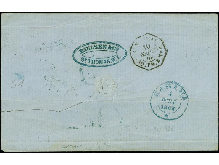 1867, folded cover to Havana, Cuba, from the firm of Paulsen &amp; Co, forwarding agents, franked with  1870-1 20c dull blue 
