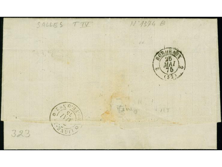 1875, folded letter dated 4 May, to Bordeaux, France, franked with 1875 1r vermilion, sheet margin single showing portion of 