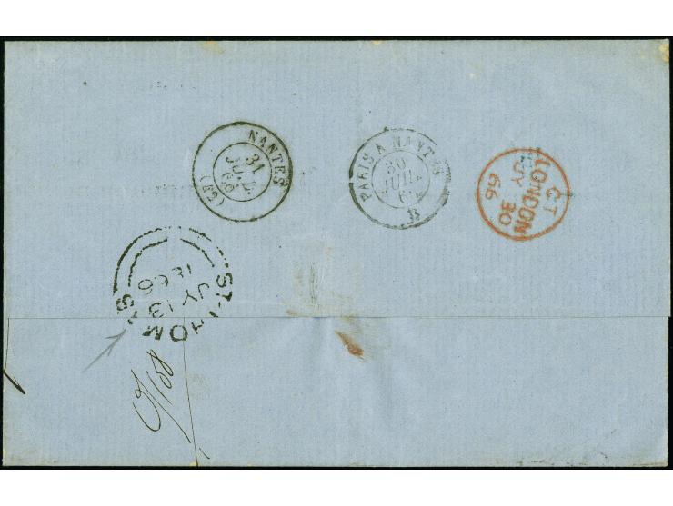 1866, folded cover to Nantes, France, reverse with St. Thomas double-arc despatch of the British Post Office (13 Jul), carrie