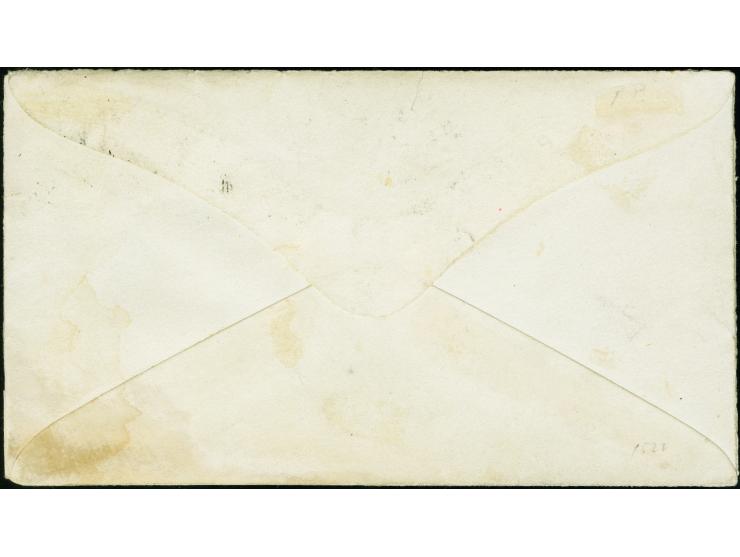 1865, 3c dark carmine, brownish gum, four even margins, tied to cover by black three-ring target, adjacent United States 10c 