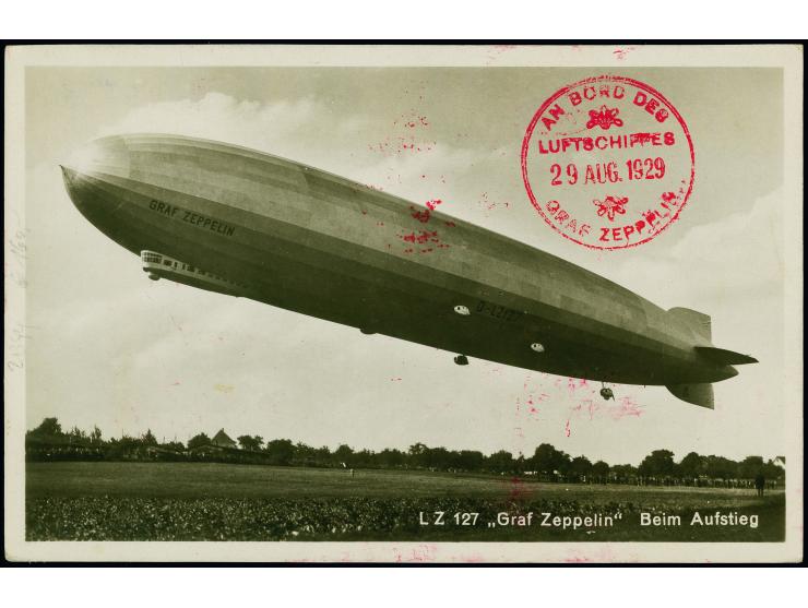 1929, Weltrundfahrt, Etappe Los Angeles bis Lakehurst, Fotokarte mit Steinalder 1 Mark mit Bordpoststempel und nebengesetztem