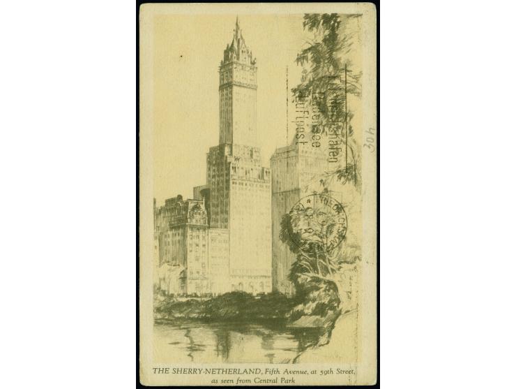 1929, Weltrundfahrt, Etappe Lakehurst bis Friedrichshafen, Ansichtskarte "The Sherry Netherland Hotel" mit Zeppelinmarke mit 