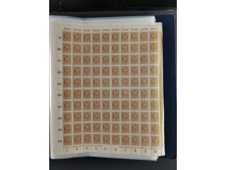 1923, meist postfrischer Bestand mit über 70 Bögen ex. Mi.-Nr. 235-276, dabei auch kompletter Bogen Mi.-Nr. 260, teils vorgef