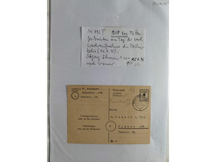 1945, interessante Sammlung "Behelfs-Ganzsachen der OPD Schwerin" mit fast 40 Karten, meist Verwendungen in Mecklenburg-Vorpo