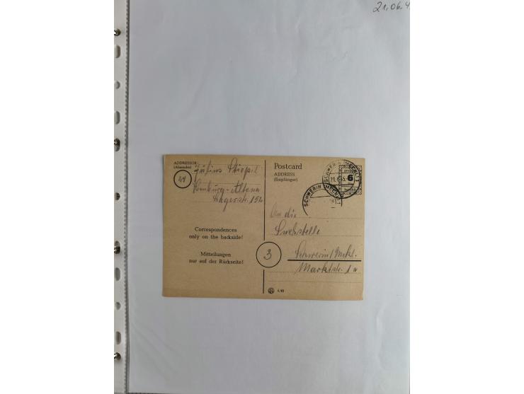 1945, interessante Sammlung "Behelfs-Ganzsachen der OPD Schwerin" mit fast 40 Karten, meist Verwendungen in Mecklenburg-Vorpo