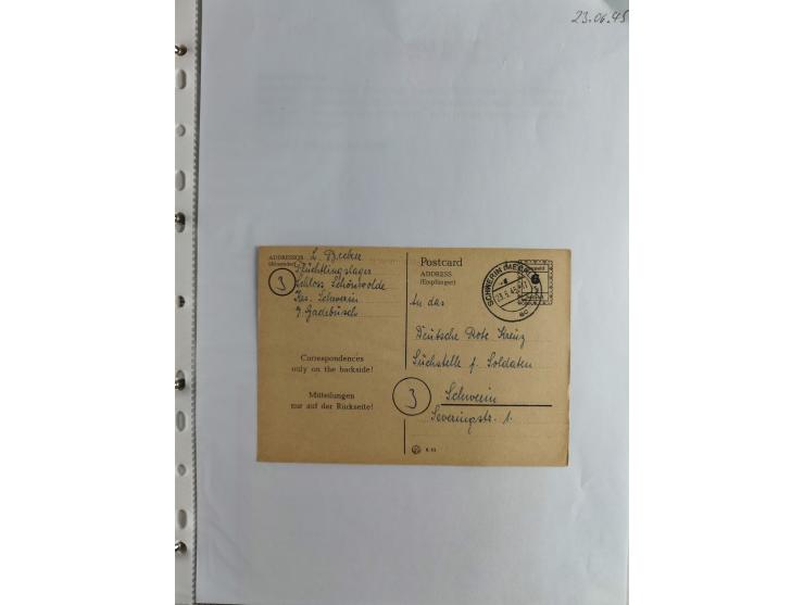 1945, interessante Sammlung "Behelfs-Ganzsachen der OPD Schwerin" mit fast 40 Karten, meist Verwendungen in Mecklenburg-Vorpo