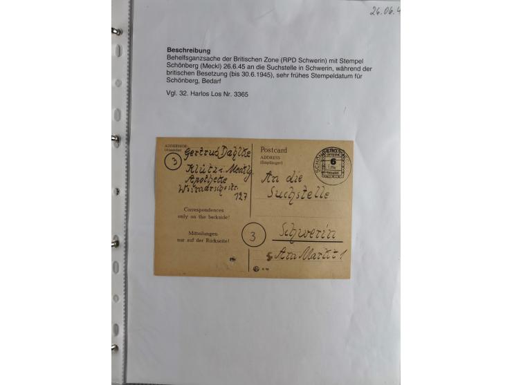 1945, interessante Sammlung "Behelfs-Ganzsachen der OPD Schwerin" mit fast 40 Karten, meist Verwendungen in Mecklenburg-Vorpo