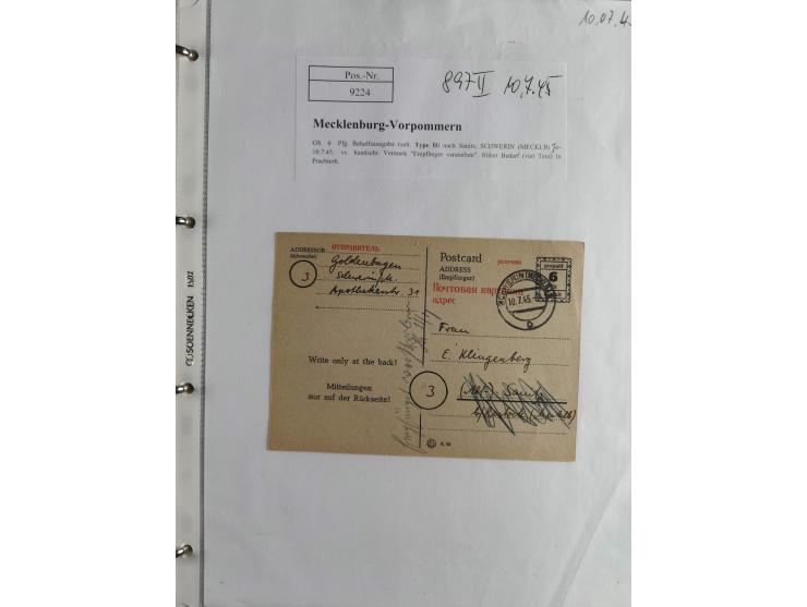 1945, interessante Sammlung "Behelfs-Ganzsachen der OPD Schwerin" mit fast 40 Karten, meist Verwendungen in Mecklenburg-Vorpo