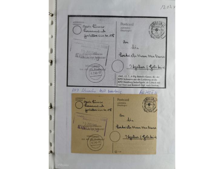 1945, interessante Sammlung "Behelfs-Ganzsachen der OPD Schwerin" mit fast 40 Karten, meist Verwendungen in Mecklenburg-Vorpo