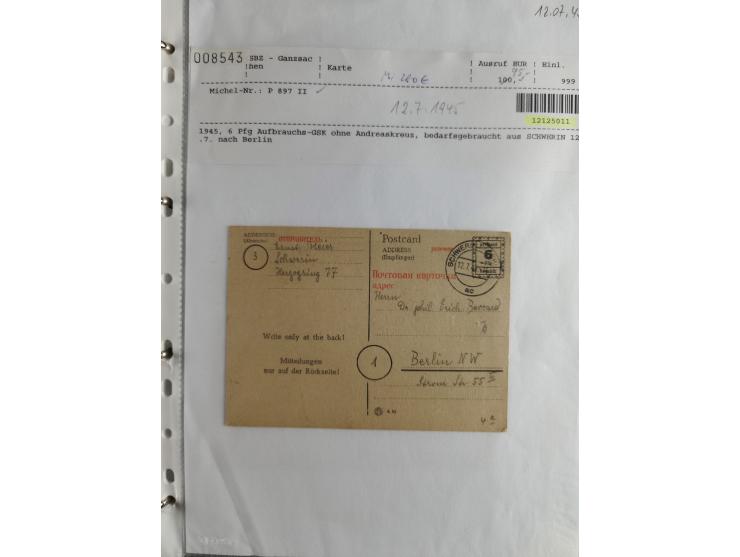 1945, interessante Sammlung "Behelfs-Ganzsachen der OPD Schwerin" mit fast 40 Karten, meist Verwendungen in Mecklenburg-Vorpo