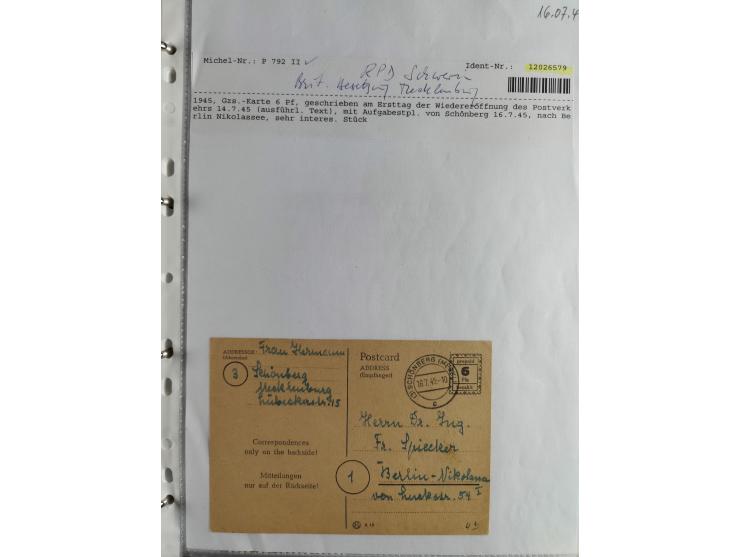 1945, interessante Sammlung "Behelfs-Ganzsachen der OPD Schwerin" mit fast 40 Karten, meist Verwendungen in Mecklenburg-Vorpo