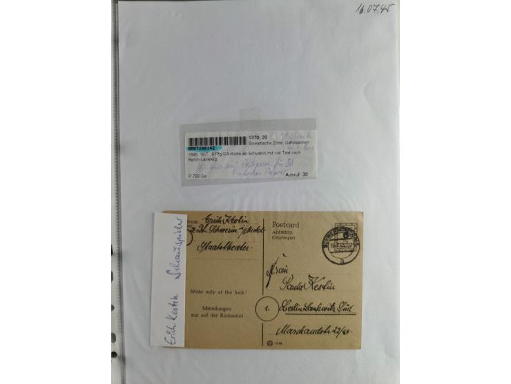 1945, interessante Sammlung "Behelfs-Ganzsachen der OPD Schwerin" mit fast 40 Karten, meist Verwendungen in Mecklenburg-Vorpo