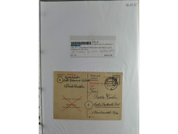1945, interessante Sammlung "Behelfs-Ganzsachen der OPD Schwerin" mit fast 40 Karten, meist Verwendungen in Mecklenburg-Vorpo