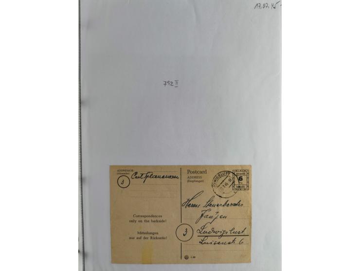 1945, interessante Sammlung "Behelfs-Ganzsachen der OPD Schwerin" mit fast 40 Karten, meist Verwendungen in Mecklenburg-Vorpo