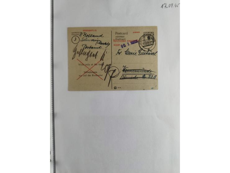 1945, interessante Sammlung "Behelfs-Ganzsachen der OPD Schwerin" mit fast 40 Karten, meist Verwendungen in Mecklenburg-Vorpo