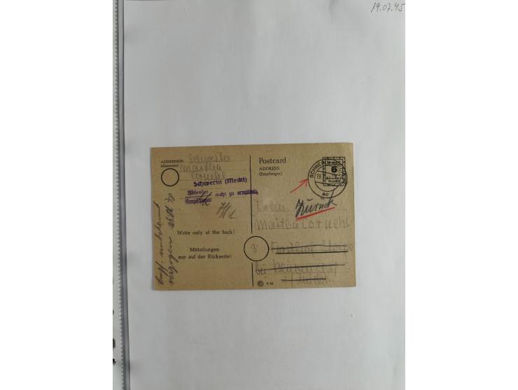 1945, interessante Sammlung "Behelfs-Ganzsachen der OPD Schwerin" mit fast 40 Karten, meist Verwendungen in Mecklenburg-Vorpo