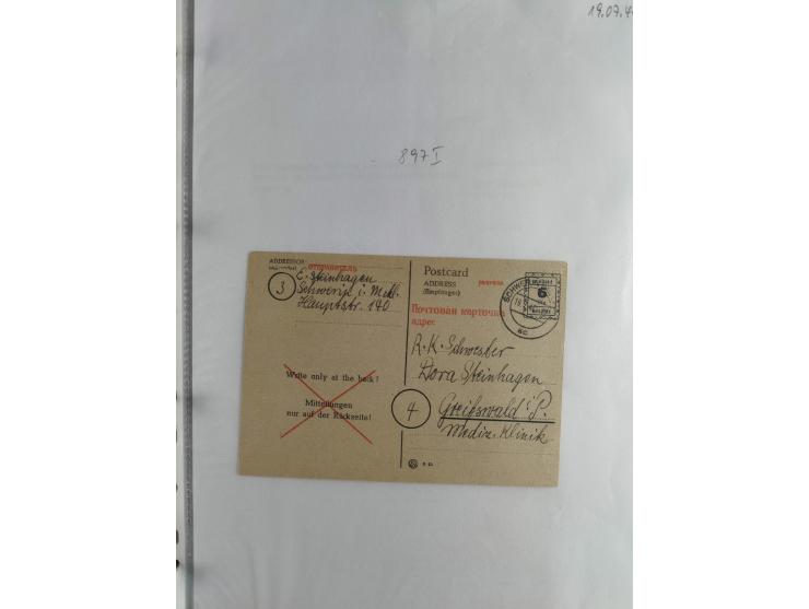 1945, interessante Sammlung "Behelfs-Ganzsachen der OPD Schwerin" mit fast 40 Karten, meist Verwendungen in Mecklenburg-Vorpo