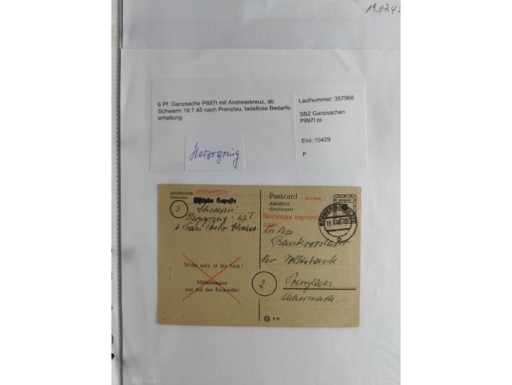 1945, interessante Sammlung "Behelfs-Ganzsachen der OPD Schwerin" mit fast 40 Karten, meist Verwendungen in Mecklenburg-Vorpo