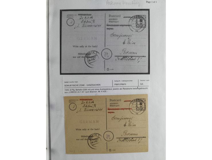 1945, interessante Sammlung "Behelfs-Ganzsachen der OPD Schwerin" mit fast 40 Karten, meist Verwendungen in Mecklenburg-Vorpo