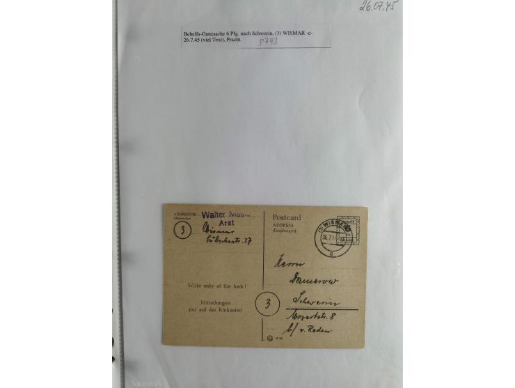 1945, interessante Sammlung "Behelfs-Ganzsachen der OPD Schwerin" mit fast 40 Karten, meist Verwendungen in Mecklenburg-Vorpo