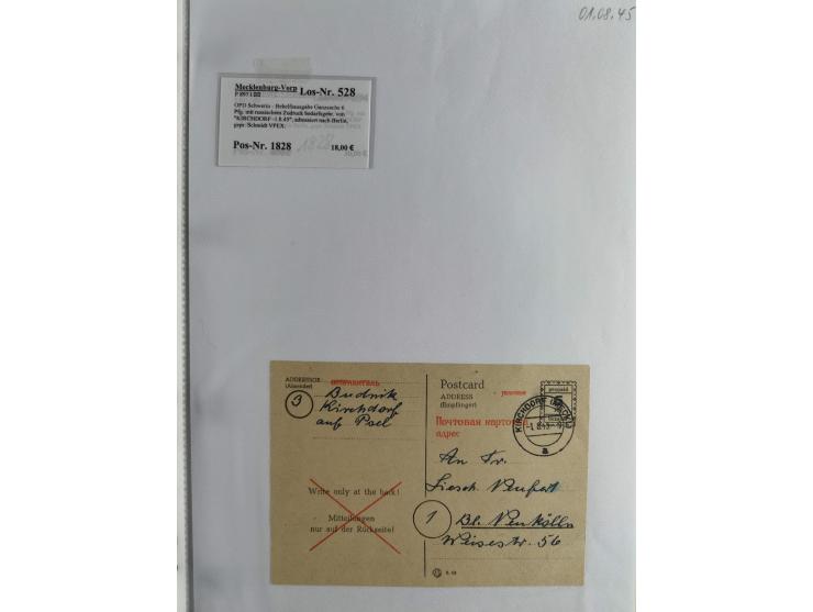1945, interessante Sammlung "Behelfs-Ganzsachen der OPD Schwerin" mit fast 40 Karten, meist Verwendungen in Mecklenburg-Vorpo
