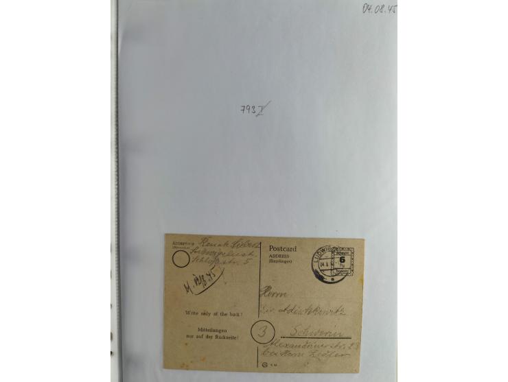 1945, interessante Sammlung "Behelfs-Ganzsachen der OPD Schwerin" mit fast 40 Karten, meist Verwendungen in Mecklenburg-Vorpo