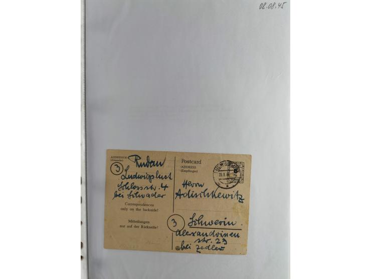 1945, interessante Sammlung "Behelfs-Ganzsachen der OPD Schwerin" mit fast 40 Karten, meist Verwendungen in Mecklenburg-Vorpo