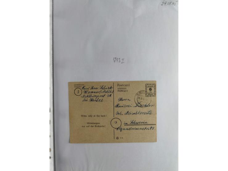 1945, interessante Sammlung "Behelfs-Ganzsachen der OPD Schwerin" mit fast 40 Karten, meist Verwendungen in Mecklenburg-Vorpo