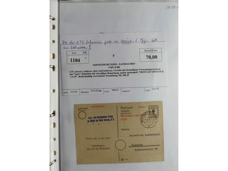 1945, interessante Sammlung "Behelfs-Ganzsachen der OPD Schwerin" mit fast 40 Karten, meist Verwendungen in Mecklenburg-Vorpo