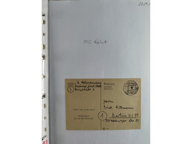 1945, interessante Sammlung "Behelfs-Ganzsachen der OPD Schwerin" mit fast 40 Karten, meist Verwendungen in Mecklenburg-Vorpo