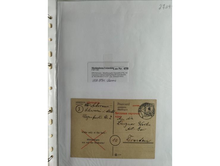 1945, interessante Sammlung "Behelfs-Ganzsachen der OPD Schwerin" mit fast 40 Karten, meist Verwendungen in Mecklenburg-Vorpo