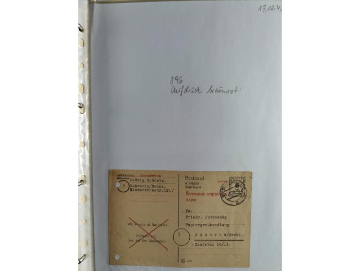 1945, interessante Sammlung "Behelfs-Ganzsachen der OPD Schwerin" mit fast 40 Karten, meist Verwendungen in Mecklenburg-Vorpo