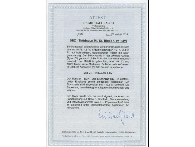 Brückenbau-Block mit 12 Pfg. in dunkelzinnober, mit Ersttagsstempel "ERFURT 30.3.46" auf Brief. Fotoattest Dr. Jasch BPP (201