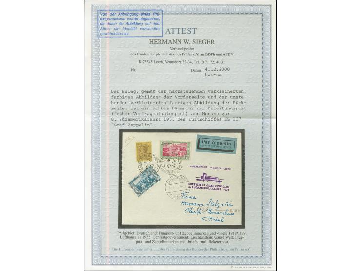 Monaco: 1933, 8. Südamerikafahrt, Auflieferung Friedrichshafen bis Recife, Brief mit u.a. Flugpostmarke 1,50 Fr. auf 5 Franc 