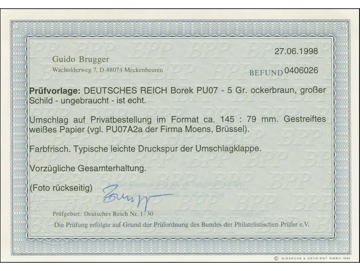 Ganzsachenumschlag 5 Groschen der Firma Moens auf gestreiftem weißem Papier, ungebraucht, einwandfrei, Fotobefund Brugger BPP