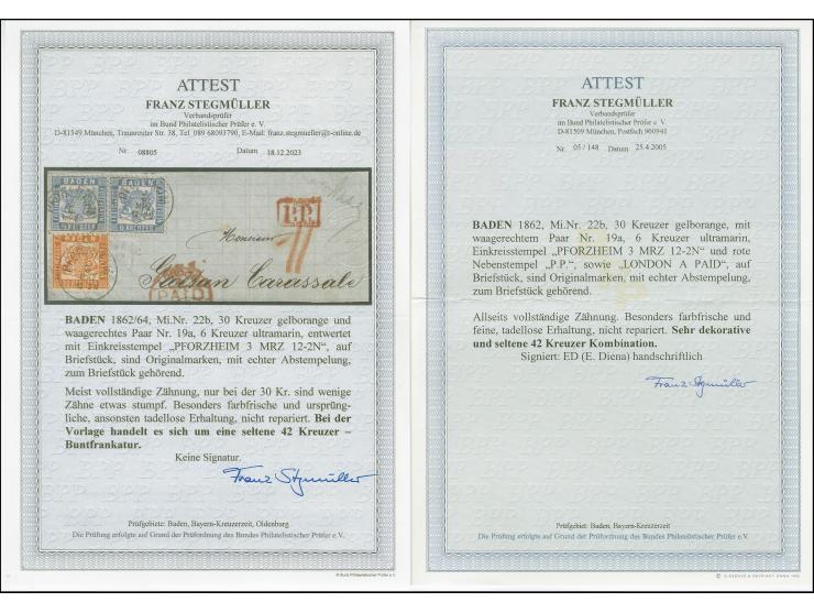 30 Kreuzer gelborange und waagerechtes Paar 6 Kreuzer ultramarin, alle farbfrisch und bis auf wenige stumpfe Zahnspitzen bei 