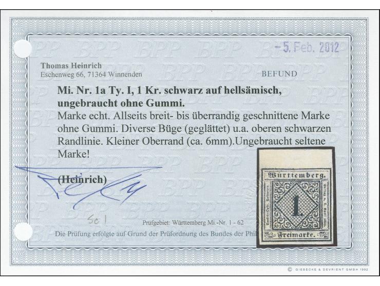 1851, 1 Kreuzer auf hellsämisch, Type I, farbfrisch und allseits breitrandig, oben mit ca. 6 mm Bogenrand, ungebraucht ohne G