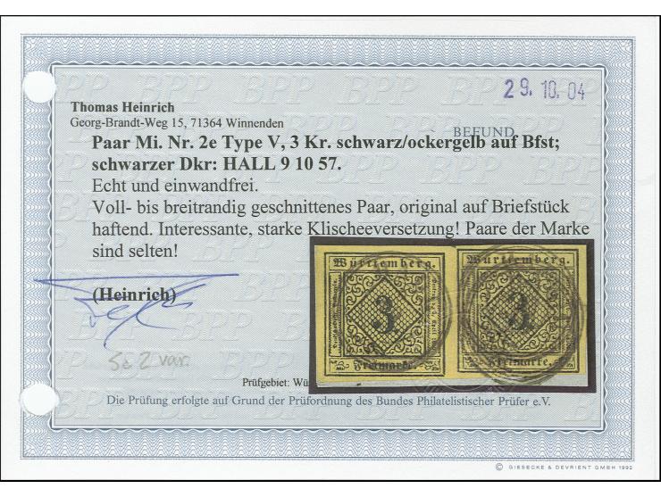 3 Kreuzer auf ockergelb, Type V, waagerechtes Paar mit starker Klischeeverschiebung, farbfrisch und voll- bis meist breitrand