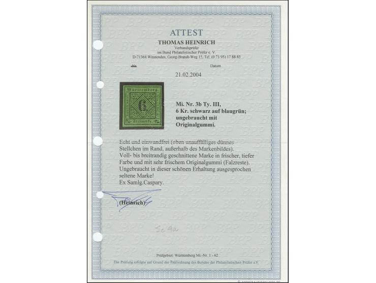 6 Kreuzer auf blaugrün, Type III, schöne frische Farbe und voll- bis breitrandig, ungebraucht mit frischem Originalgummi. Seh