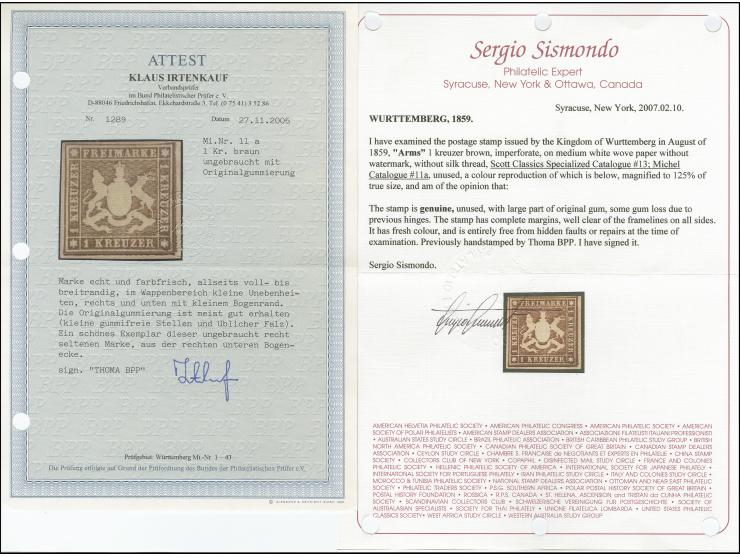 1859, Wappenausgabe ohne Seidenfaden: 1 Kreuzer braun, farbfrisch und voll- bis breitrandig, aus der rechten unteren Bogeneck