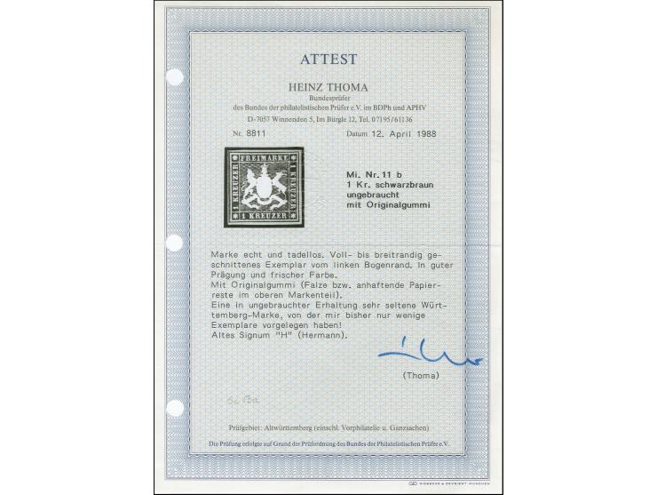 1 Kreuzer dunkelbraun, schöne Tiefe und frische Farbe, schöne Prägung und voll- bis breitrandig, ungebraucht mit Originalgumm