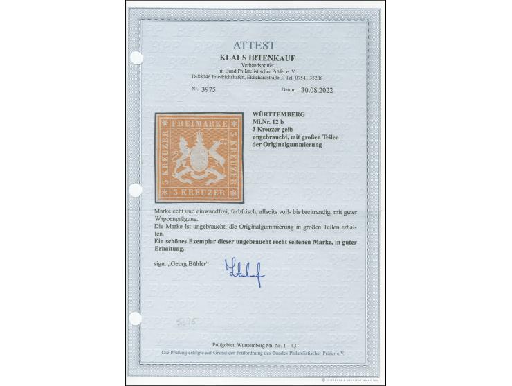 3 Kreuzer gelb, farbfrisch und voll- bis breitrandig, schön geprägt, ungebraucht mit großen Teilen des Originalgummis. Tadell