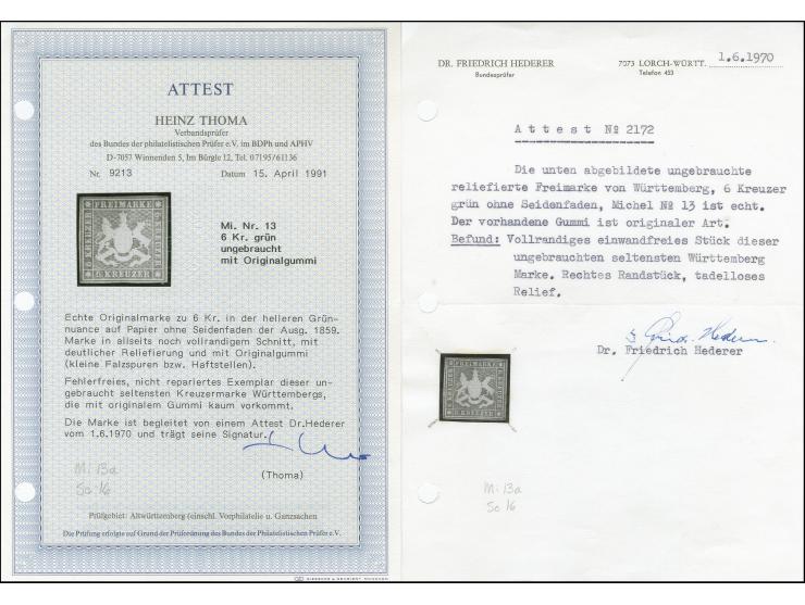 6 Kreuzer hellgrün, farbfrisch und allseits vollrandig, mit &nbsp;schöner Wappenprägung, ungebraucht mit Originalgummi. Schön