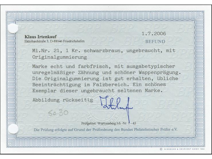 1862, Wappen weit gezähnt: 1 Kreuzer schwarzbraun, farbfrisch und für diese Ausgabe gut gezähnt, ungebraucht mit frischem Ori