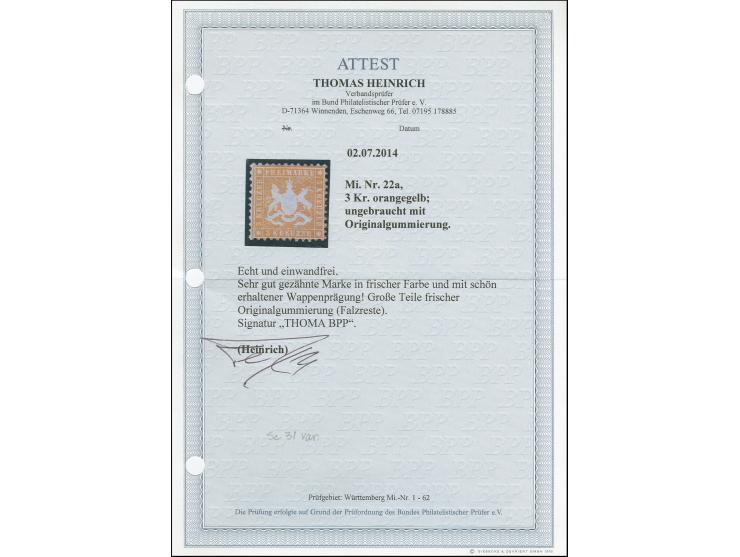3 Kreuzer orangegelb, farbfrisch und einwandfrei gezähnt, ungebraucht mit frischem Originalgummi. Tadellos. Fotoattest Heinri