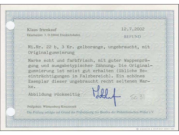 3 Kreuzer gelborange, farbfrisch und ausgabetypisch gezähnt, ungebraucht mit frischem Originalgummi. Tadellos. Eine außerorde