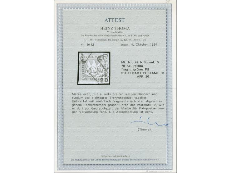 1873, 70 Kr. lilabraun, Bogenfeld 5, farbfrisch und allseits breitrandig geschnitten, allseits mit vollen Trennlinien, mit gu