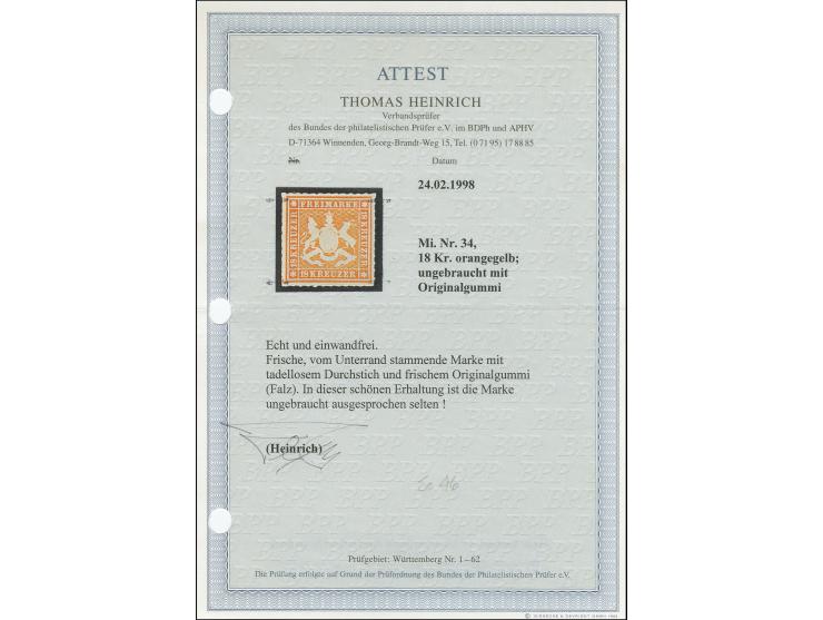 18 Kreuzer gelborange, farbfrisch und tadellos durchstochen, schöne Wappenprägung, ungebraucht mit frischem Originalgummi. Ta